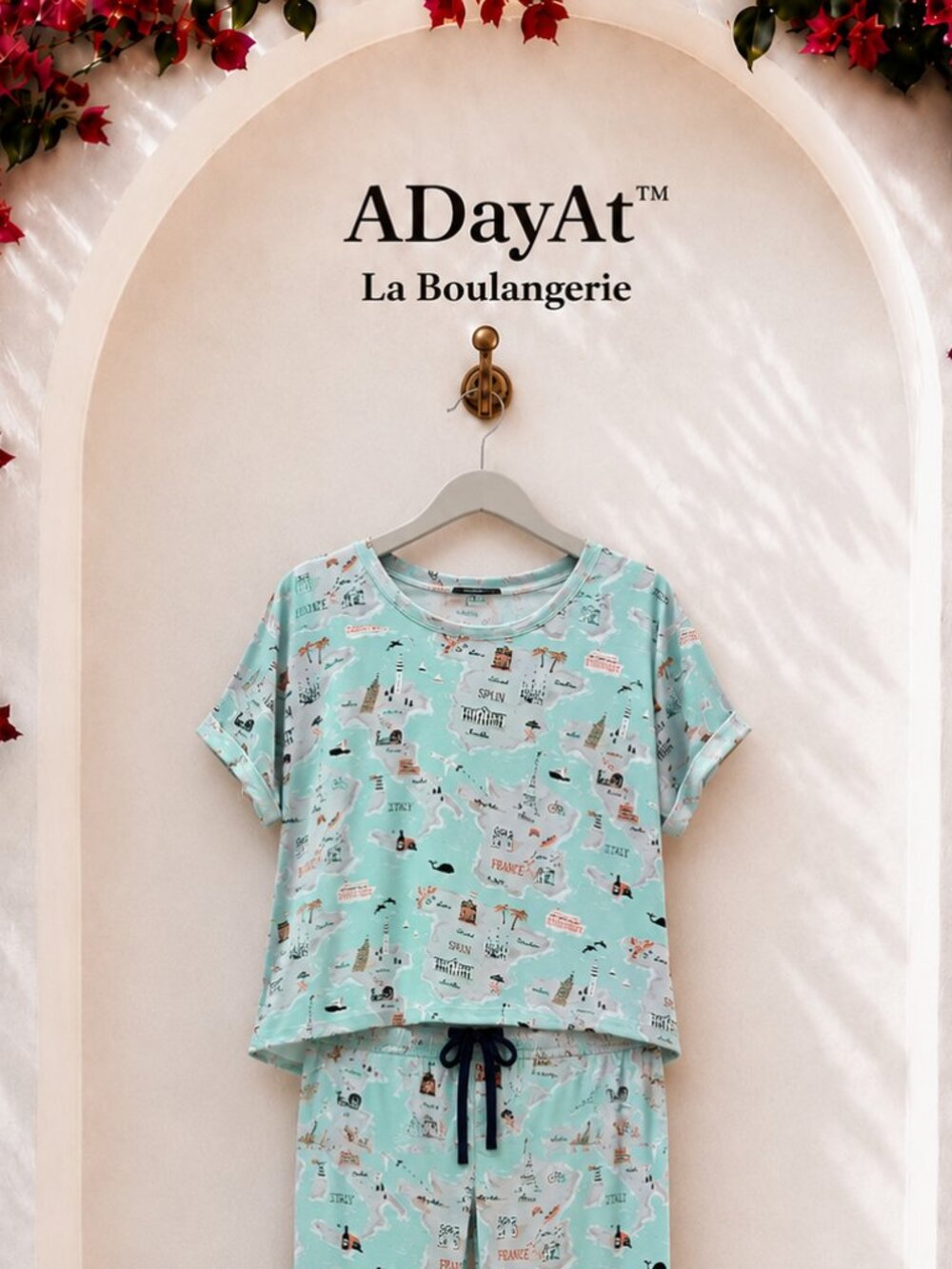 Munki Munki Europe Map Pajama Set Mint Travel Print Lounge Sleepwear L - Picture 3 of 8